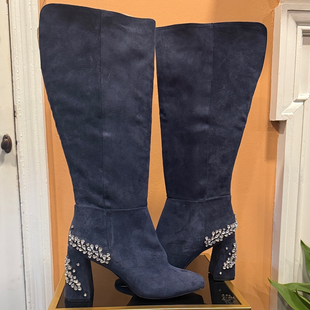 Vince Camuto Navy Suede Heeled Boots with Crystal Accents